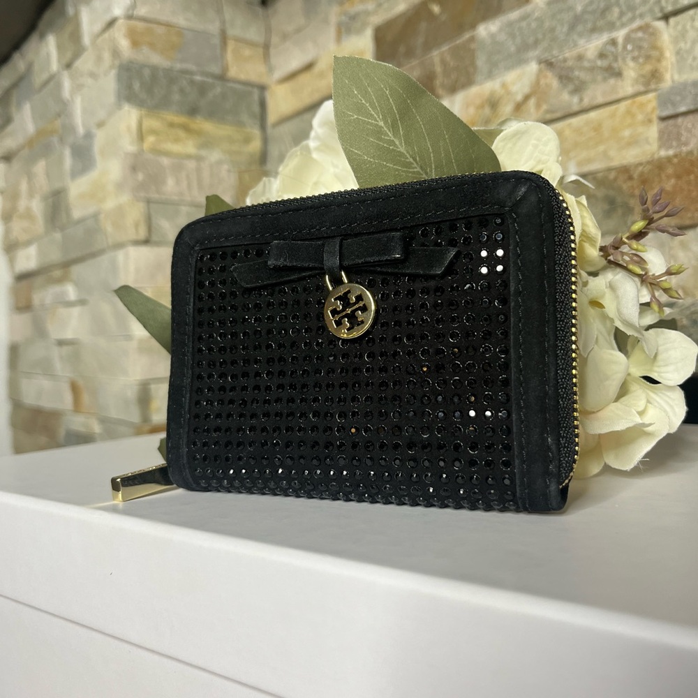 Tory Burch Black Rhinestone Zip-Around Wallet | NWOT | Bow Detail & Charm